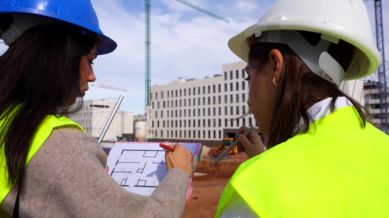 Two professional women in hard hats discussing a building project on a construction site checking blueprints