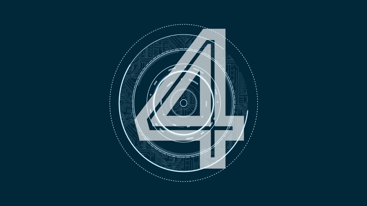 Number 5 with geometric shapes and circular patterns animation on dark background