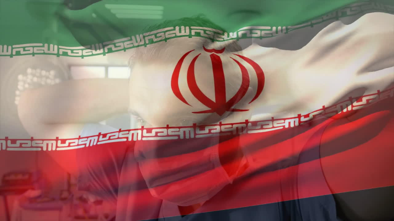 Adjusting face mask, person with Iranian flag showing emblem and script