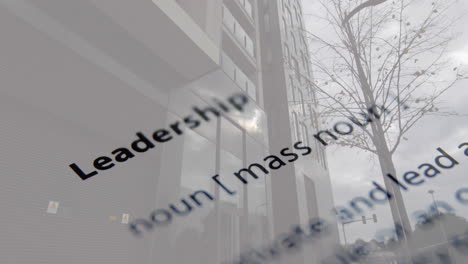 defining leadership, animation over modern office building with tree in foreground