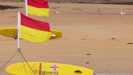 close-up of red and yellow flags fluttering on a sandy beach with a lifeguard surfboard.