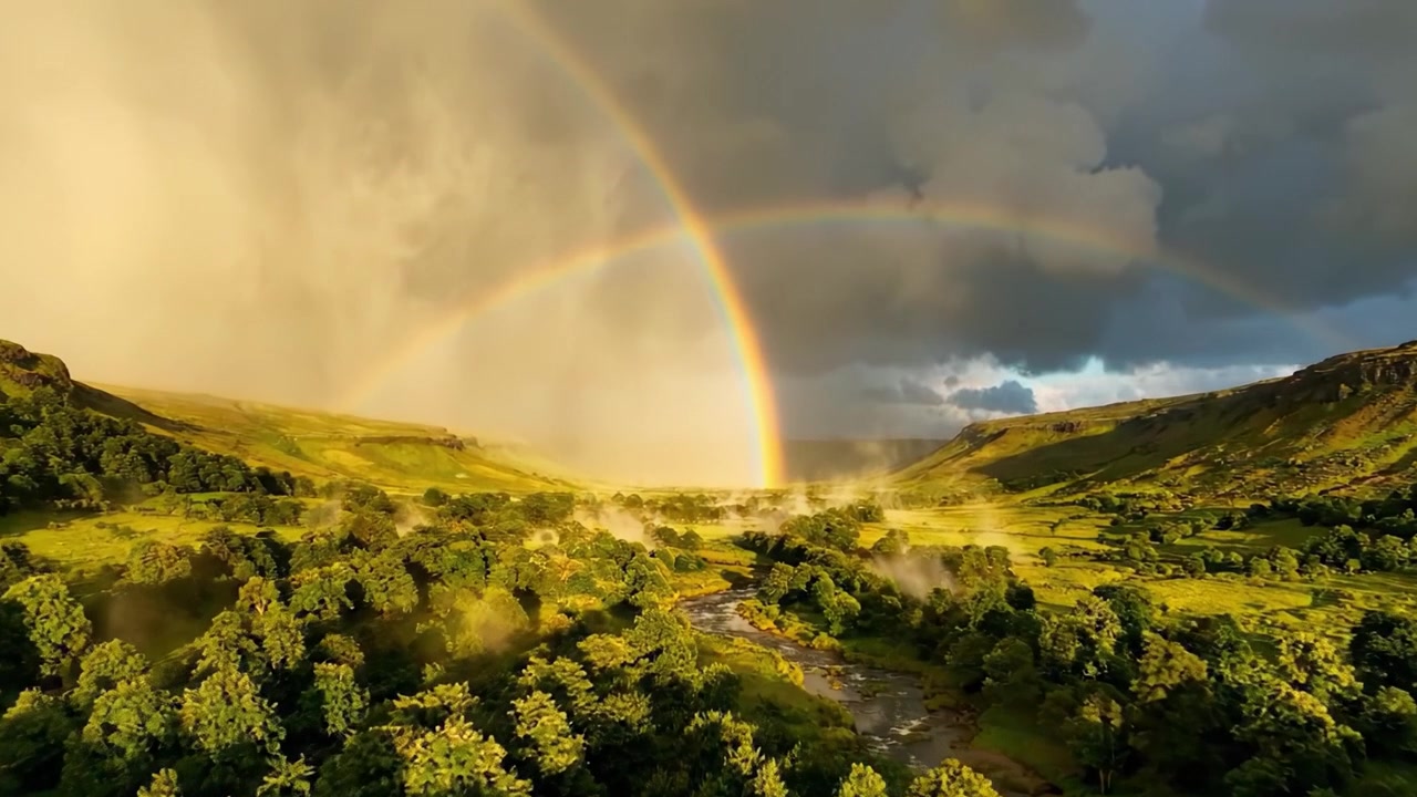 Pelangi Ganda yang Megah Melengkung di Atas Lembah yang Subur Dikelilingi Pohon-pohon Hijau dan Kabut Lembut, Diabadikan di Bawah Langit Dramatis Setelah Hujan yang Menyegarkan