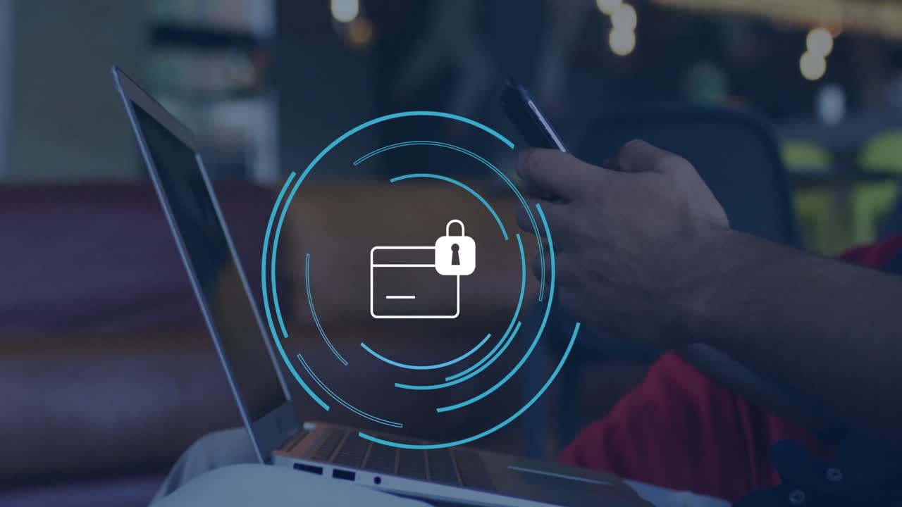 animación del icono de la tarjeta de crédito sobre un hombre de negocios caucásico que usa un teléfono inteligente en la oficina
