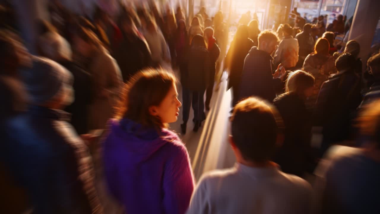 A Dynamic Gathering of People in Motion: Capturing the Lively Atmosphere of a Busy Public Space During a Beautiful Golden Hour, Where Individuals Navigate Through Throngs of Others