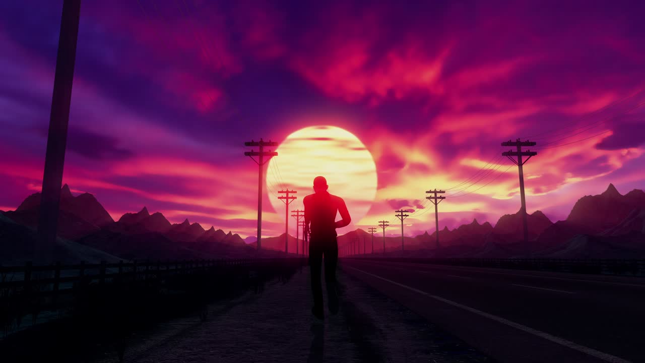Inquadratura ravvicinata in movimento di un uomo su una strada vuota che corre verso il tramonto, in loop continuo