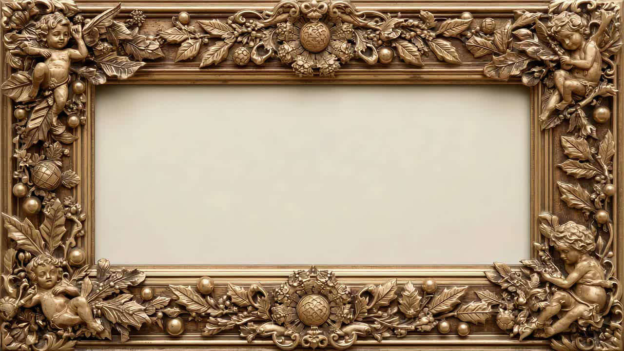 Panning camera shifting right on gallery wall, revealing gilded frame with cherubs, blank panel