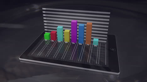 animación del procesamiento de datos estadísticos a través de una tableta digital contra personas que caminan por la calle