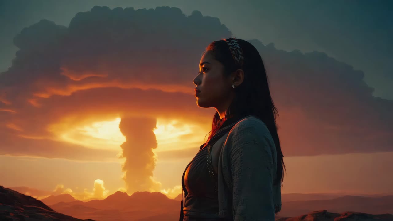 Woman watching a nuclear explosion at sunset