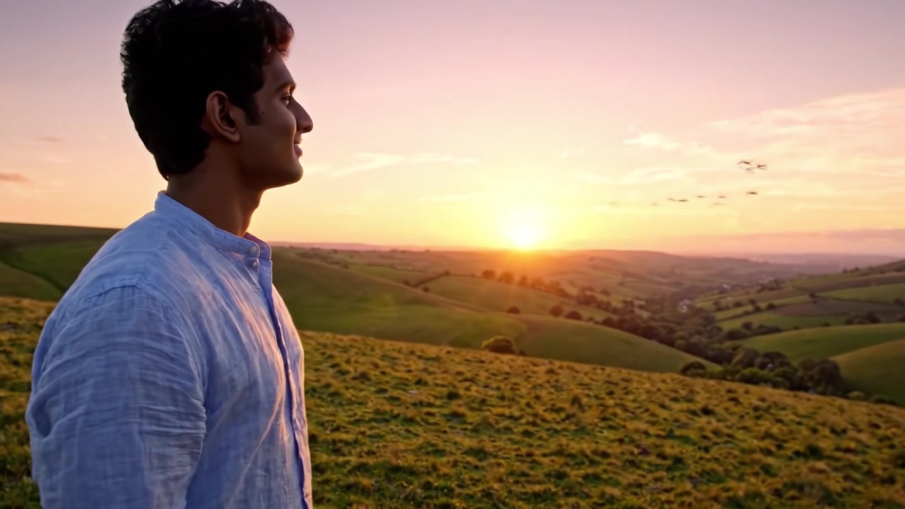 Un momento sereno al atardecer: Un joven contemplando la magnífica belleza de la naturaleza con colinas ondulantes y un cielo vibrante iluminado por el sol poniente.