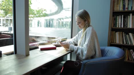 Woman-using-smartphone-in-front-window