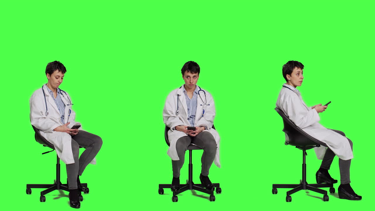 일반 의사가 휴대 전화로 문자 메시지를 보내고 있습니다.