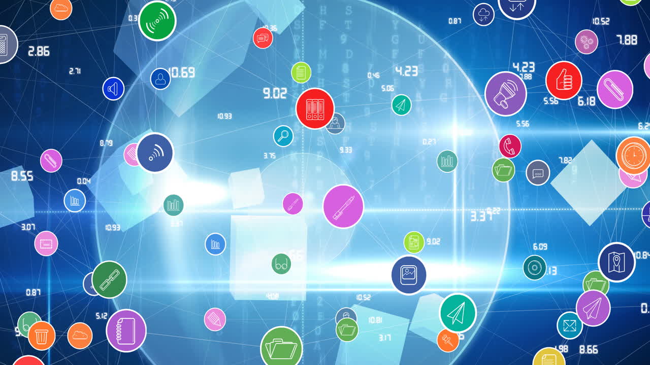 전 세계를 배경으로 디지털 아이콘으로 연결하는 네트워크의 애니메이션