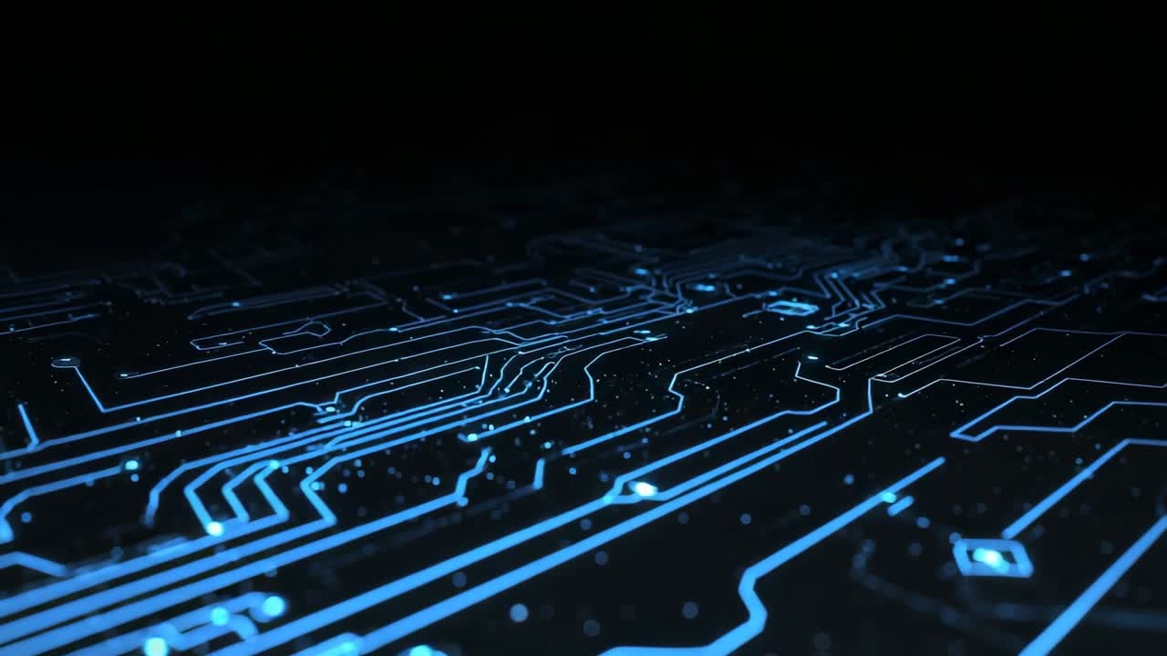 Playback sending camera gliding on circuit board, revealing neon-blue pathways and light particles