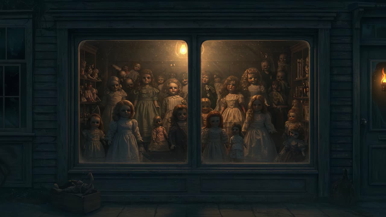 In an eerie dimly lit shop, an array of vintage dolls gaze from behind glass, captivating yet unsettling for the passersby drawn to their haunting presence