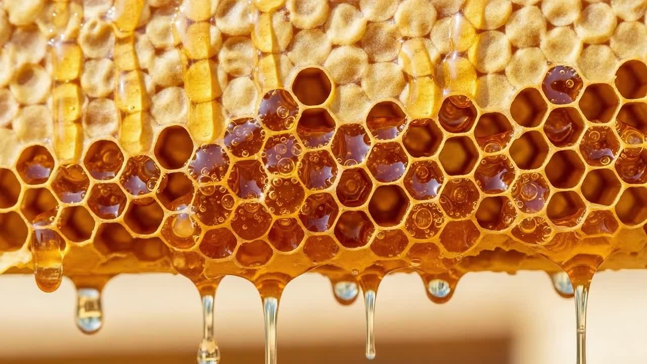 Primo piano accattivante di un favo che gocciola miele dorato, mostrando l'intricata struttura esagonale e la dolcezza naturale in ogni goccia.