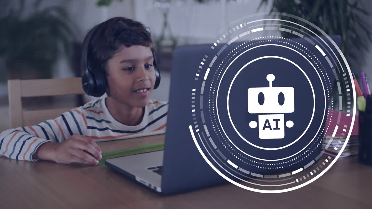 Animazione di globo ed elaborazione dati di chatbot AI su ragazzo birazziale che usa un tablet
