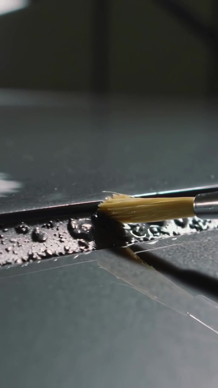 Video verticale: Spingendo la ghiera di una spazzola con setole gialle lungo la giunzione di un pannello lucido, rimuovendo i detriti.
