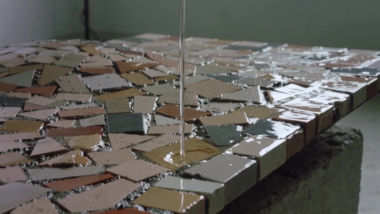 Nozzle releasing water stream onto mosaic table in studio, creating ripples and spilling over block