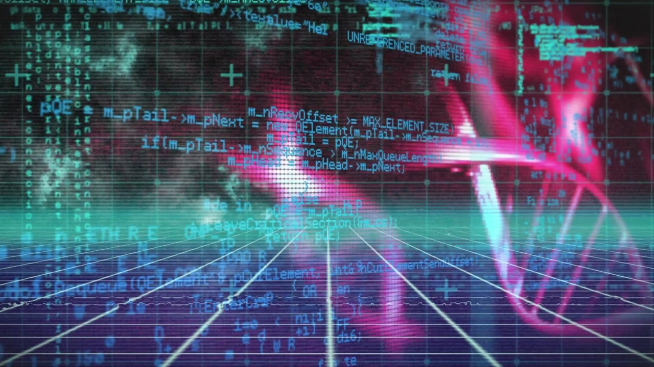 Animation von Datenverarbeitung und sich drehenden DNA-Strukturen über einem blauen Gitternetz auf schwarzem Hintergrund