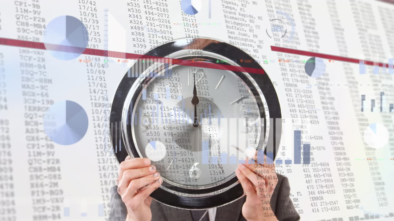 카우카스 비즈니스맨 홀딩 시계에 대한 금융 데이터 처리 애니메이션