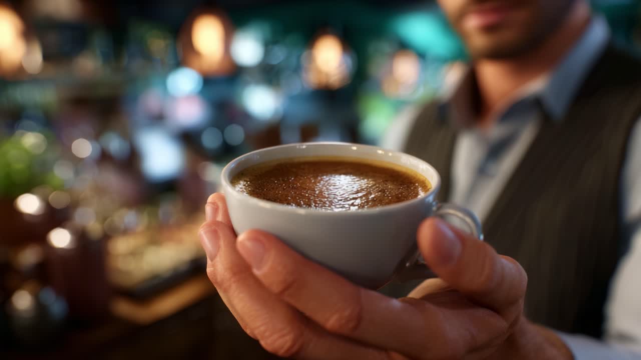 Un barista che sorregge con eleganza una tazza di caffè appena preparato in un bar accogliente, mettendo in risalto l'aroma intenso e la consistenza della bevanda in un ambiente affascinante