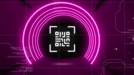 escáner de código qr sobre círculos de neón contra el procesamiento de datos