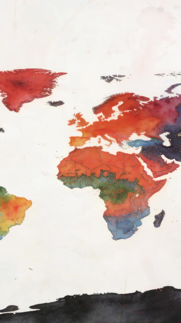 Vídeo vertical: Tinta espirrando formando mapa em aquarela em tela de parede em estúdio com faixa preta.