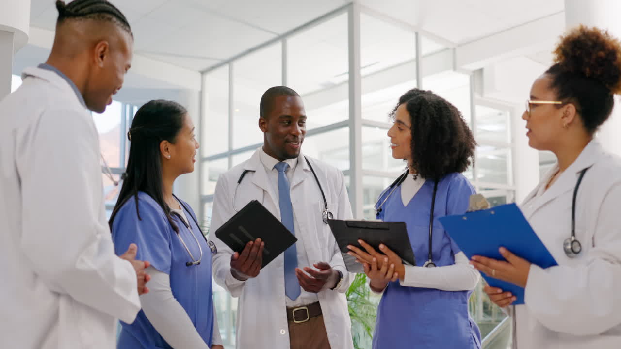 Medical, tablet and a doctor talking to nurses