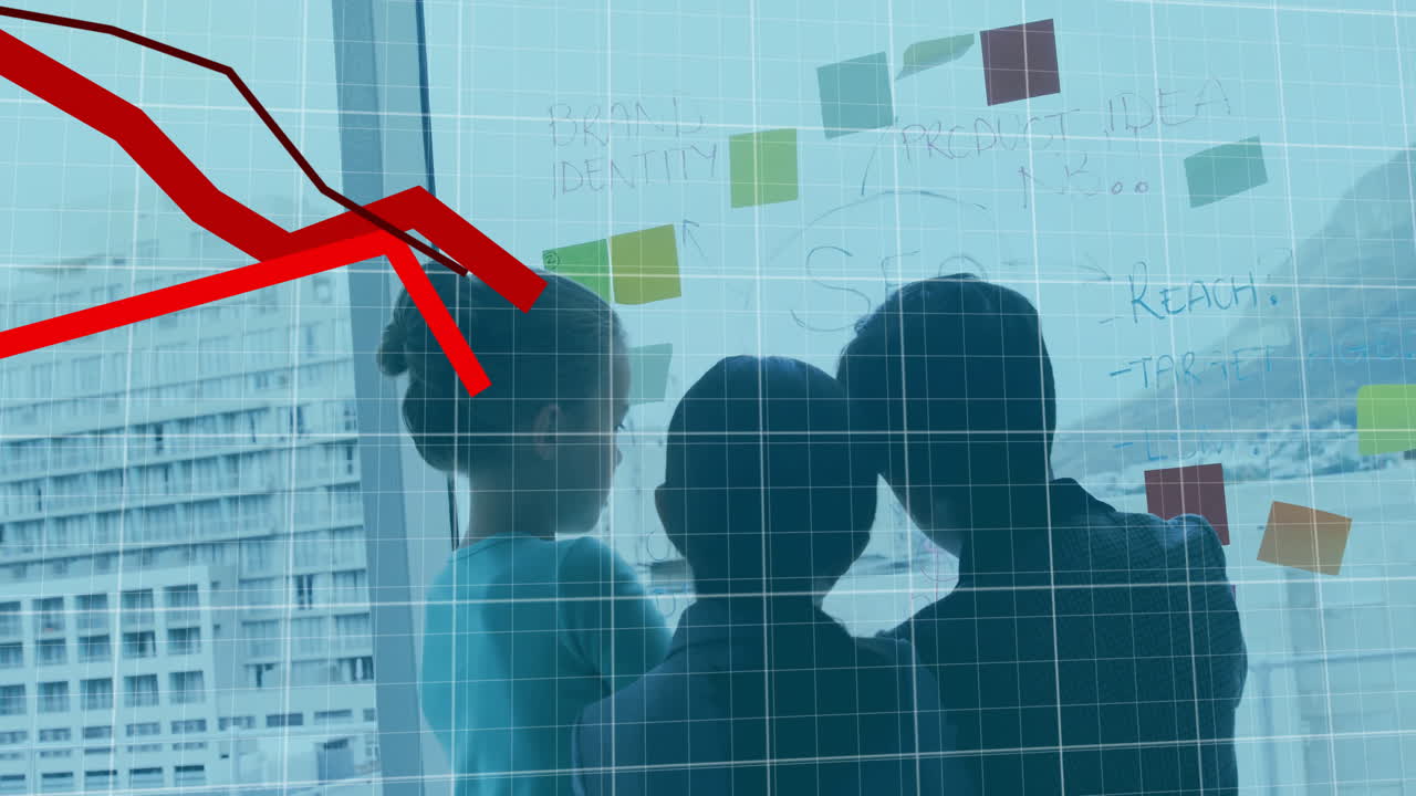 떨어지는 그래프의 애니메이션, 격자 패턴, 다양한 아이들이 투명한 벽에 대화하고 글을 쓰고 있습니다.