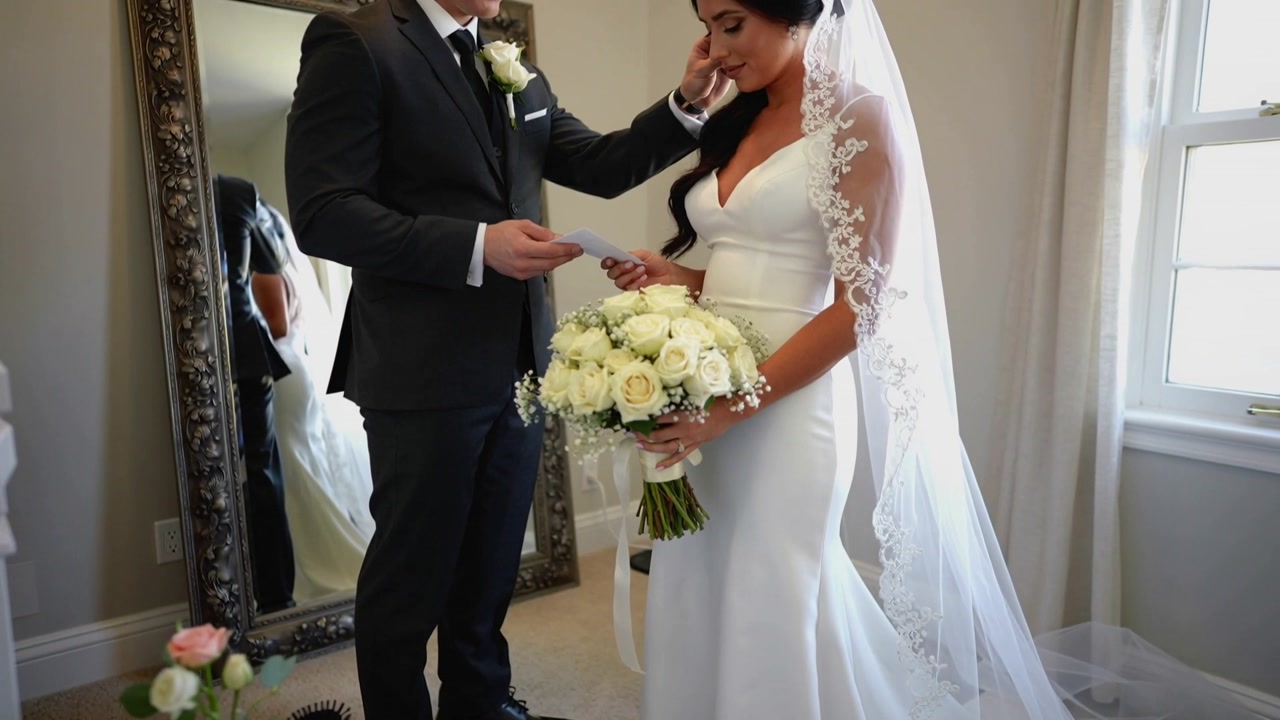 Unfolding note, groom in suit reading vows in dressing room, comforting bride in veil with bouquet