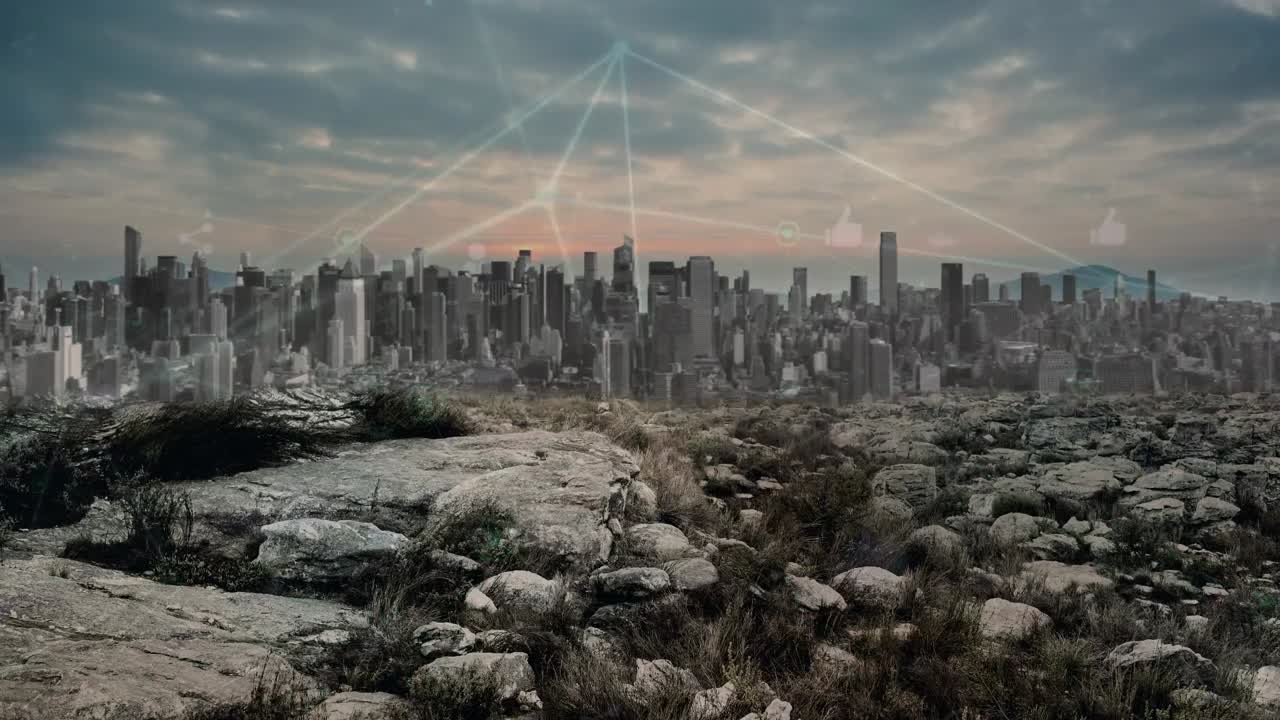 연결 네트워크와 여러 프로필 아이콘이 도시 풍경에 떠다니고 있습니다.