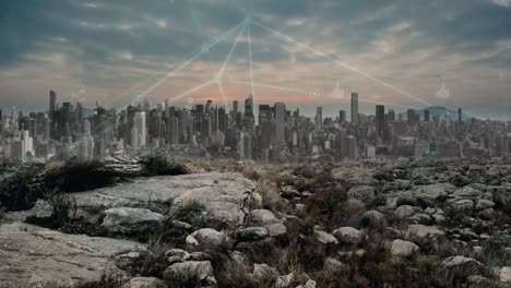 red de conexiones y iconos de perfiles múltiples flotando contra el paisaje urbano