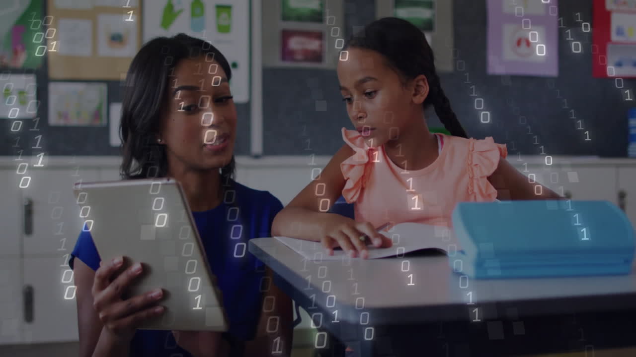 animación de código binario sobre el maestro y el estudiante usando tableta y libro de lectura