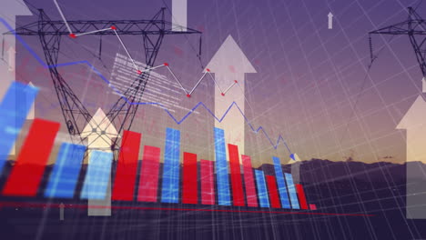 animación de flechas, cambiando los datos financieros y gráficos sobre los postes de electricidad
