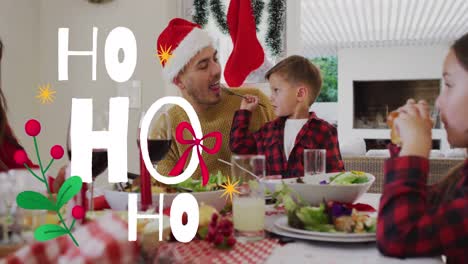 animación de texto ho ho ho sobre familia caucásica con sombreros de santa.