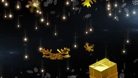 Animation-Von-Goldenen-Weihnachtssternen-Und-Geschenken,-Die-Auf-Schwarzen-Hintergrund-Fallen