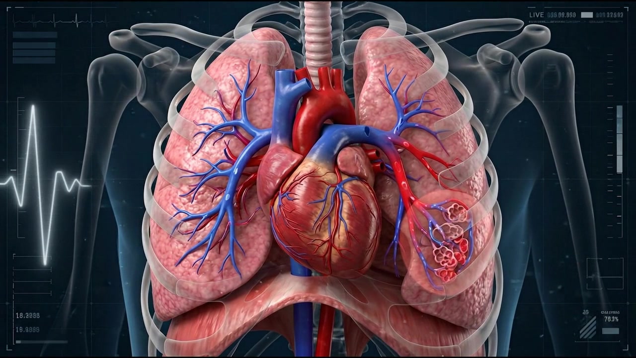 Modello 3D dettagliato e realistico di polmoni umani che mostra alveoli e tessuto