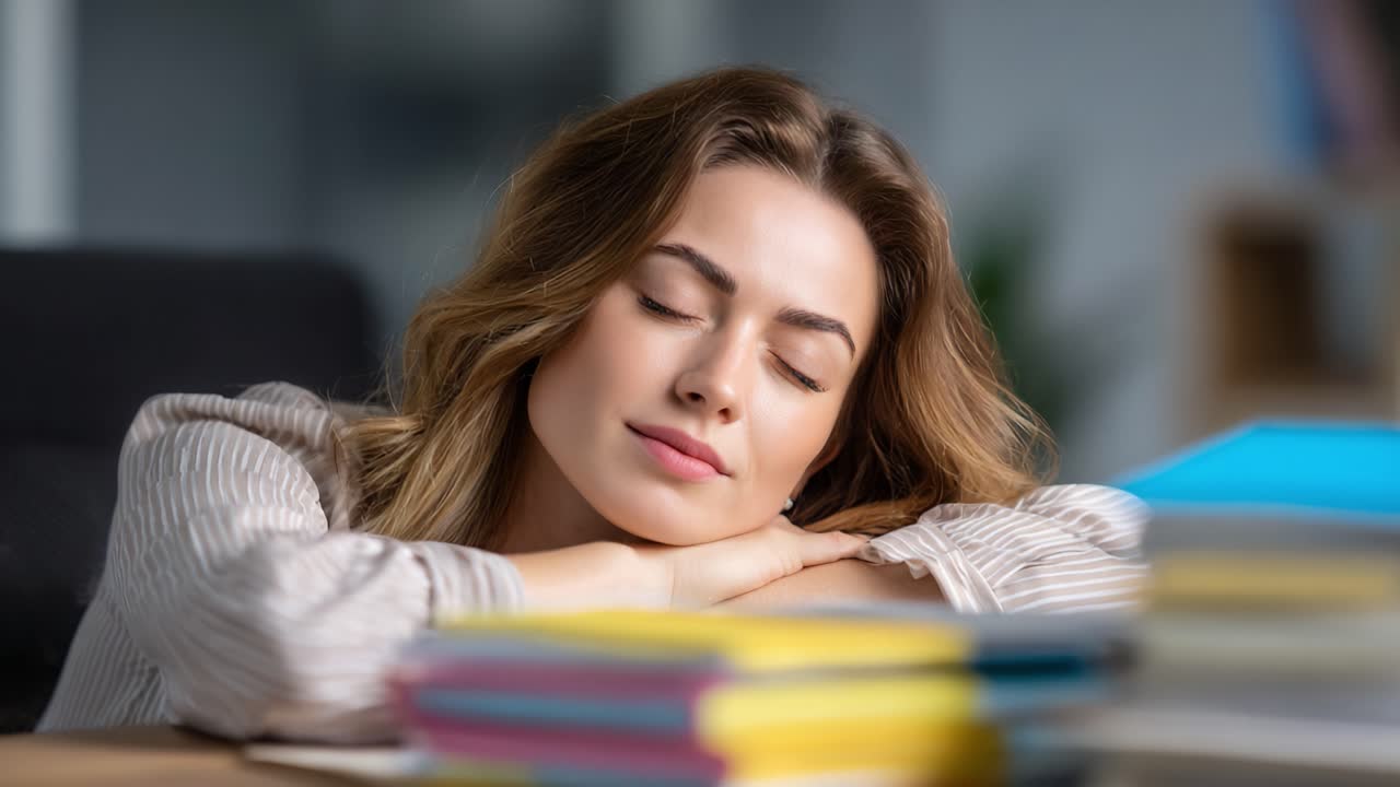 Un momento di riposo e tranquillità: una donna si rilassa alla scrivania circondata da libri colorati, catturando la quiete e la serenità in un ambiente frenetico