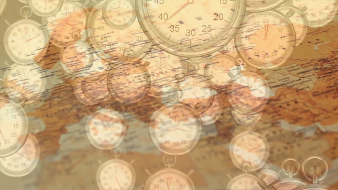 Stopwatches overlapping map, symbolizing time and global navigation in animation