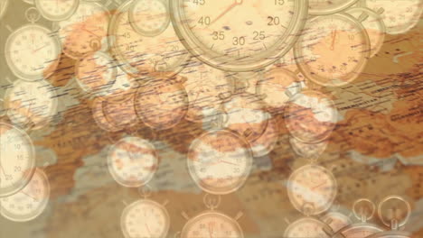 stopwatches overlapping map, symbolizing time and global navigation in animation
