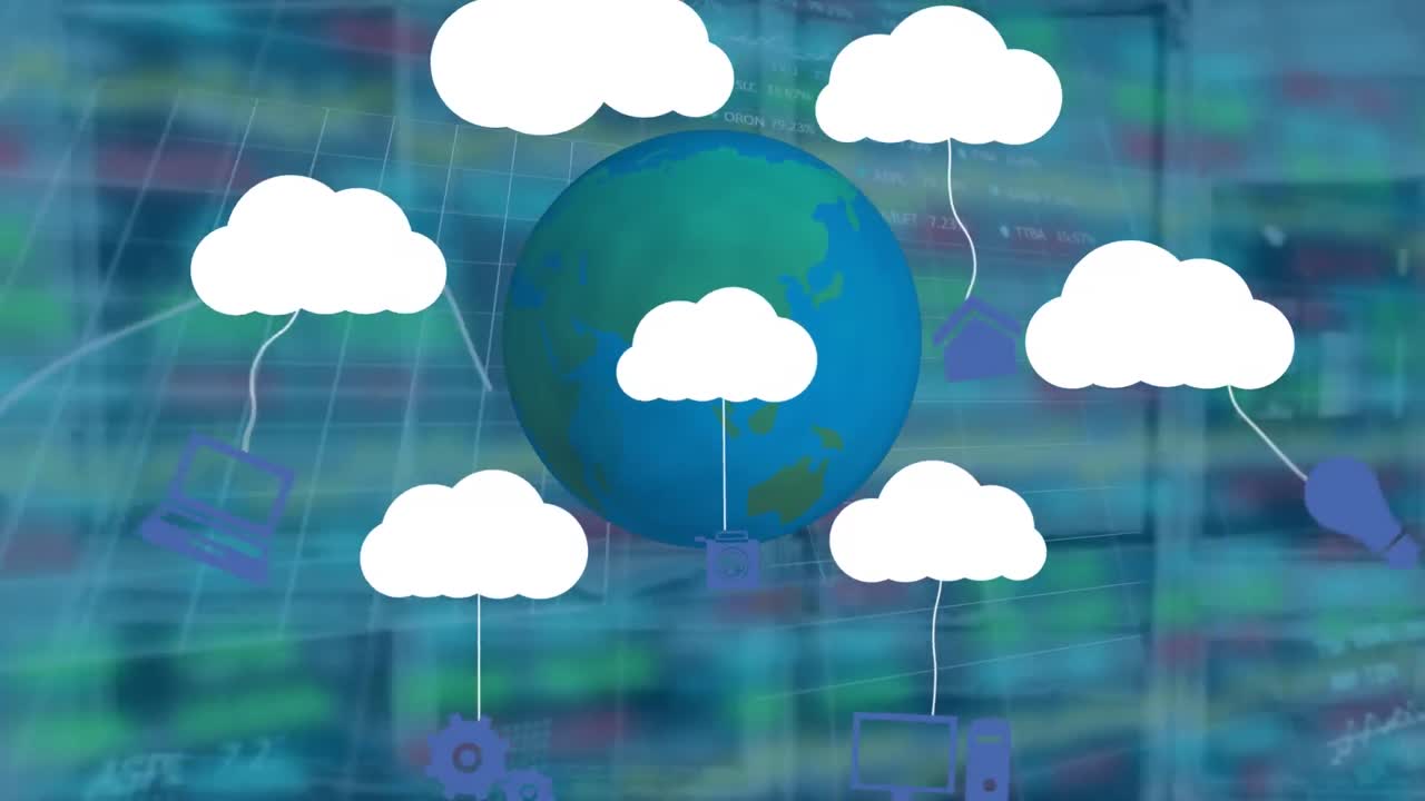 animación de nubes con iconos, globo y procesamiento de datos financieros sobre una oficina vacía