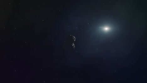 Asteroide-Girando-Y-Acercándose-Lentamente-En-El-Espacio-Ultraterrestre-Con-Estrellas-Y-El-Sol-En-El-Fondo