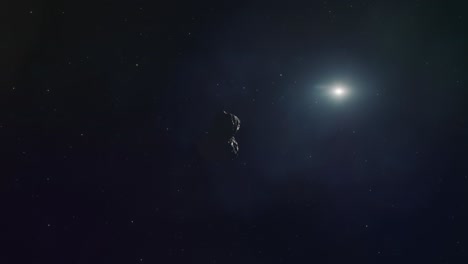 asteroid rotating and slowly approaching in outer space with stars and the sun in the background