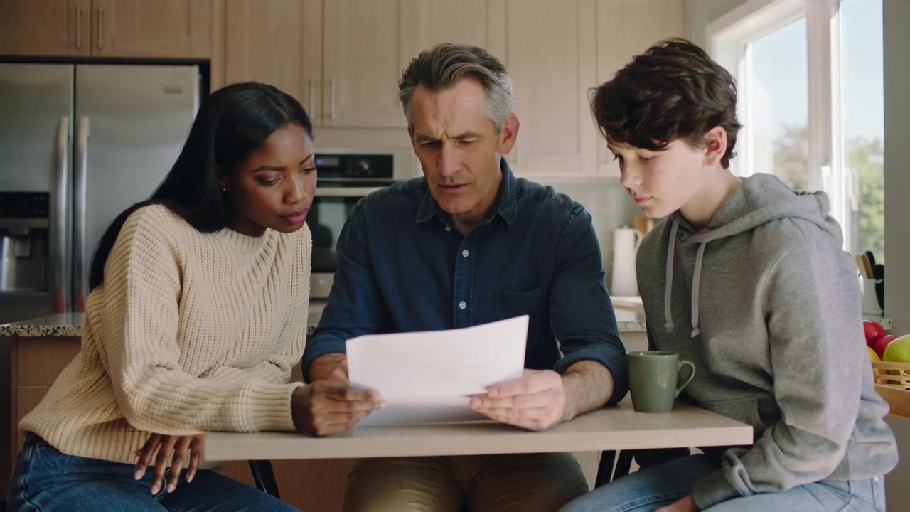 Holding paper, center man in blue shirt reading at kitchen table, family reviewing near green mug