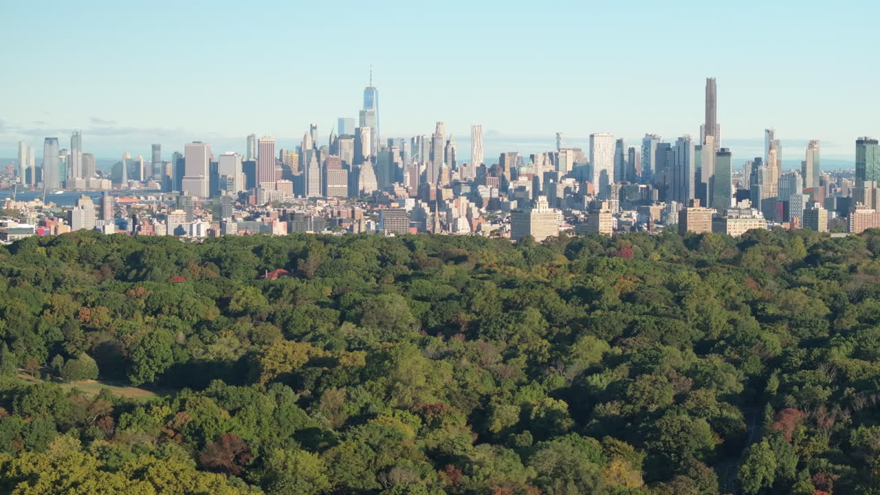 Aerial view of Prospect Park and the Manhattan skyline. Shot on an October morning in 4k.