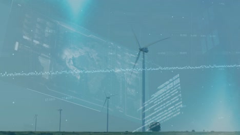 animation of interface with data processing over windmills spinning against blue sky