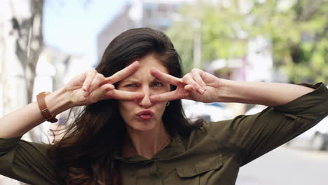 woman expressing various emotions outdoors