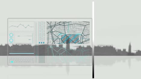 animation of data processing over cityscape