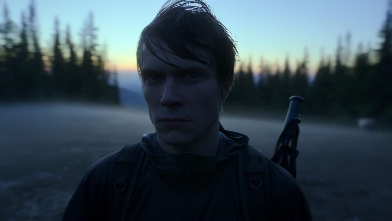 Young Man Hiking in a Misty Forest at Dawn