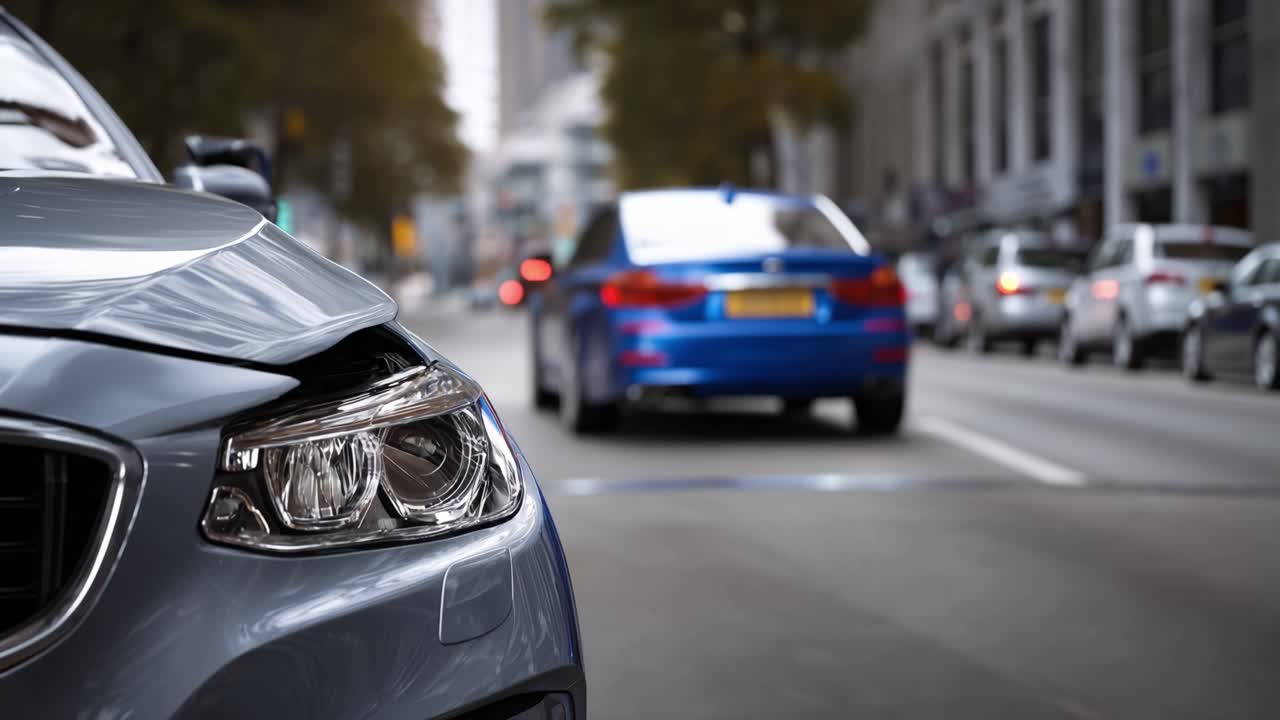 Kollideret bil dominerer forgrunden, bulet kølerhjelm, revnet forlygte. Blå sedan kører væk, baglygterne gløder blødt. Bygaden strækker sig bagved, trafikken flyder roligt. Ingen mennesker synlige, scenen er stille.
